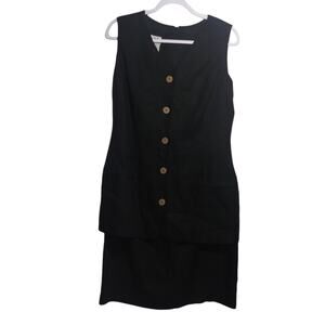 Sake Black Linen Sleeveless Dress Pleated Button Front Career Size 10